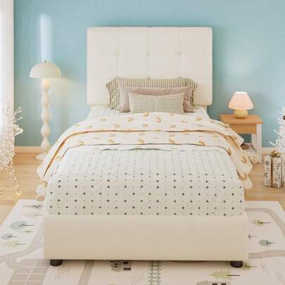 Upholstered Bed, Single Bed, Padded Headboard And Backrest With Shock-Absorbing Foam Edging, Biscuit-Shaped Headboard, PU + Iron + Foam + Plywood, Beige, 90 X 200 Cm