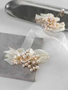 2pcs Luxury Triangle Leaf Metal Alloy Accessories Boutonniere And Wrist Corsage Set, Suitable For Groom, Bride, Wedding, Engagement, Banquet, Anniversary - Beige - View 3