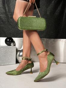 Venus Chan 2025 INS 款式女士水钻尖头高跟鞋 - 优雅橄榄绿钻石高跟鞋，适合女士宴会派对，配有配套意大利鞋包套装 - 綠色 - 查看 9