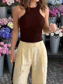 Women's Fashionable Elegant Knitted Crew Neck Halter Sweater - Coffee Brown - View 8