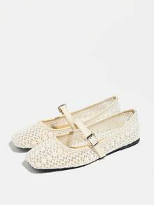 Plus Size Women's Fashion Hollow Knit Embroidered Brown & White Flat Square Toe Mesh Low Vamp Spring/Summer Ballet Shoes, Casual Comfortable Strap Mary Jane Shoes