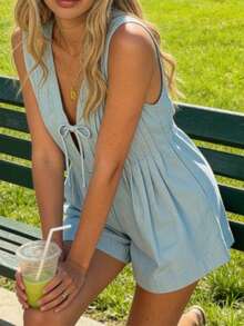 Women's New Style Blue V-Neck Tie Shoulder Pleated Detailing With Zipper, Fashionable Elegant Casual French Tea-Length A-Line Loose Jumpsuit, Spring And Summer - Blue - View 5