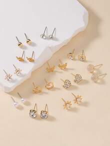 12 Pairs Metal Faux Pearl Rhinestone Butterfly, Heart, Flower Assorted Stud Earrings Set, Beautiful Everyday Casual & Holiday Gift For Women - Yellow Gold - View 2