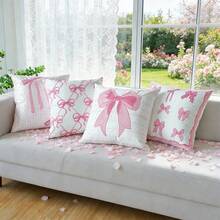 1pc Bow Embroidered Decorative Pillow Cover, Ins Style Living Room Sofa Cushion Cover With Bow Embroidery And Printed Design, Dual Craftsmanship Pillow Sham For Window Seat, Headboard, Valentine's Day, Wedding, Without Insert - Multicolor - View 1