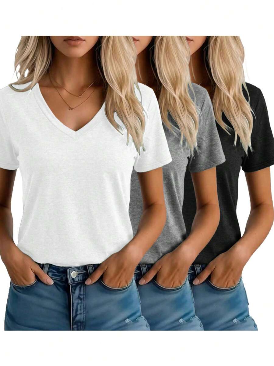 3件装V领短袖纯色休闲T恤，适合春夏日常居家穿着，可机洗