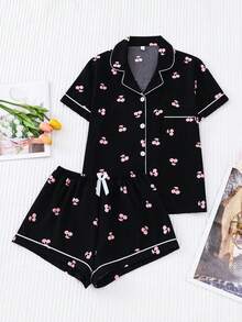 2pcs Plus Size Comfortable Cute Cherry Print Women Summer Polo Collar Button-Up Top And Bow Shorts Pajama Set, Suitable For Home Use - Black - View 1