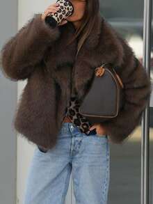 TRAFZA Women's Faux Fur Elegant Jacket, Casual Luxury Solid Color Coat, Warm Loose Women's Fashion Street Style Long Sleeve Jacket - Brown - View 4