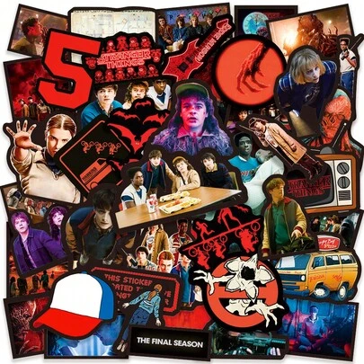 50张《怪奇物语》贴纸套装 - 霍金斯小镇、威尔·拜尔斯、十一、迈克·惠勒、达斯汀·亨德森、第五季、电影贴纸，适用于笔记本电脑、手机、行李箱、杯子、笔记本、粉丝周边、装饰礼品