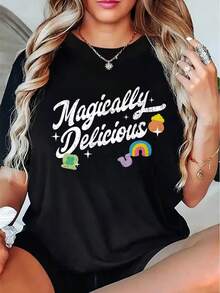Magically Delicious Graphic T Shirt Women Casual Short Sleeve Top With Rainbow And Clover Print Summer Fashion  Loose Fit Tee220g - 黑色 - 查看 2