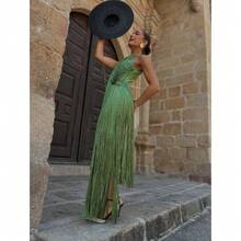 Party Party Temperament Neck Fringed Long Dress Dress Dress - 綠色 - 查看 3