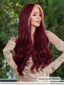 7JHH WIGS 28 Inch Extra Long Wavy Wine Red Wig For Women, Mixed With Pink Highlights Fluffy Wavy Curly Hair With Bangs, Made Of Heat-Resistant Synthetic Fiber, Suitable For Daily Wear, Music Festivals, Halloween Costume Parties And Other Occasions - Burgundy - View 5