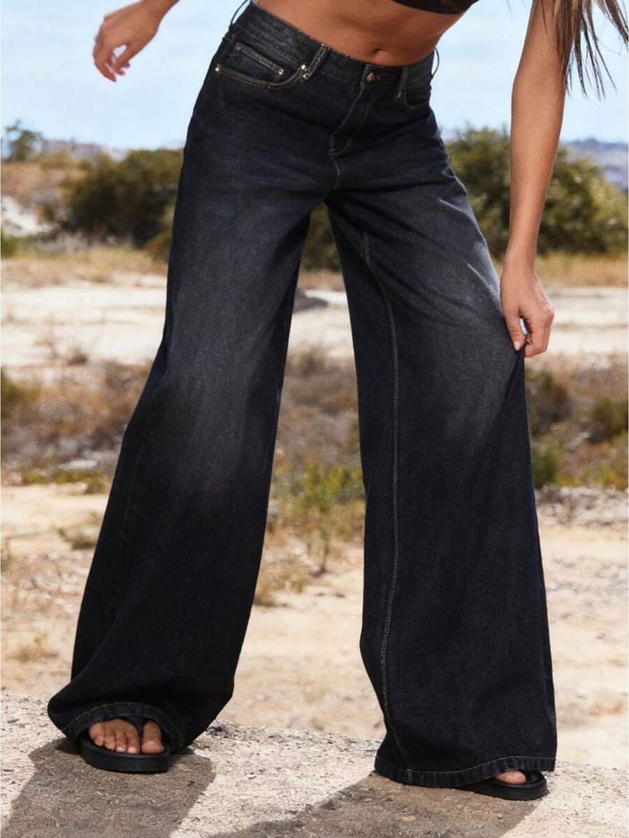 Womens Baggy Jeans Low Rise Wide Leg Denim Pants With Pockets Casual Long Trousers For Daily Office - Màu xám đen - Xem 1