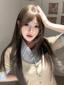 alicegarden 1件合成耐熱直髮棕色假髮，纖維材質，適合日常配戴，自然逼真（不含配件） - 棕色 - 查看 3