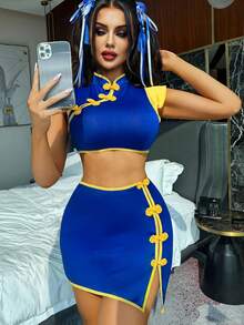 Set Lingerie Seksi Wanita 2 Potong, Termasuk Atasan Crop Berkerah Cheongsam (Lengan Pendek) dan Rok Mini Belahan, Set Pakaian Dalam Nyaman dengan Warna Kontras - Biru - View 6