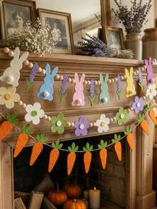 Corona de zanahoria con conejito de Pascua y cuentas de madera, guirnalda adorable de cuentas con conejito, decoración de Pascua colorida, pancarta de primavera estilo granja, decoración colgante de lavanda, adecuada para chimenea, ventanas e interior/exterior, decoración de chimenea de varios niveles - Multicolor - Ver 2