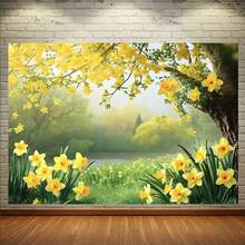 Pancarta de fondo con flores de narciso de primavera, material de poliéster, multiusos, sin necesidad de electricidad, adecuada para bodas, cumpleaños, fiestas de boda, Navidad, Halloween, Pascua, decoración de Acción de Gracias