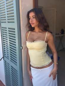 Women's Lace Sleeveless Slim Fit Fitted Tank Top With Thin Straps And Lace Trim Detail Perfect For Going Out Party Tops And Casual Summer Wear - Yellow - View 4