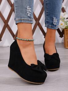 Women's Spring New Suede Bow Tie Wedge Mary Jane Shoes, Platform Thick Bottom Fashionable Versatile Shoes - Black - View 3