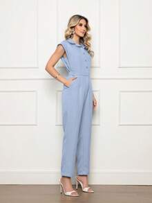 ALETHEIA - ELEGANT TAILORED WOMEN'S JUMPSUIT WITH JAPANESE SLEEVES, TANK TOP STYLE, AND ELASTIC WAISTBAND AT THE BACK - Pastel Blue - View 5