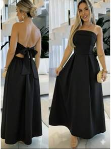 Strapless Party Dress, Draped, Plain, With Padded Cups, Various Colors. - Negro - Ver 2