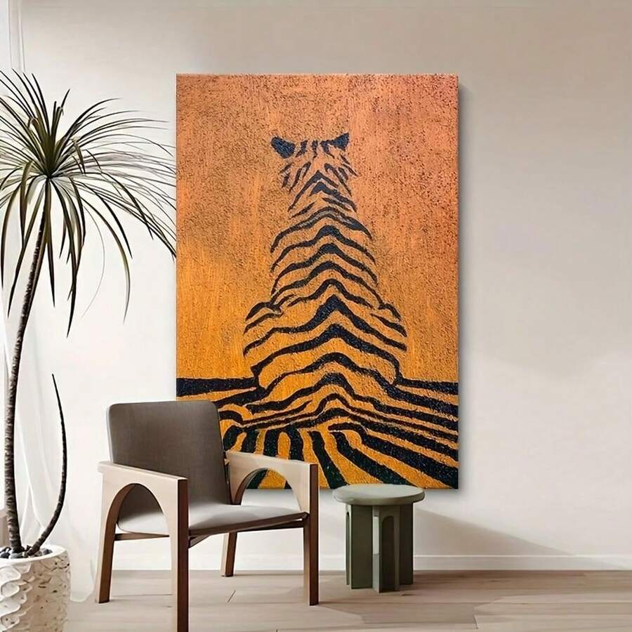 Hand-Painted Abstract Tiger Stripes Canvas Wall Art - Vibrant Orange & Striped Painting, High-Quality Oil On Canvas, No Frame Needed, Perfect For Living Room, Patio, Or Party Decor, Patio Decoration, Modern Artwork, Detailed Artwork - 彩色 - 查看 1