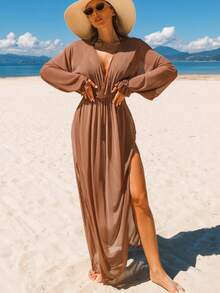 摩卡棕色纯色长款罩衫，女士腰部褶皱长袖荷叶边袖口深V领优雅沙滩罩衫 - 摩卡棕 - 查看 3