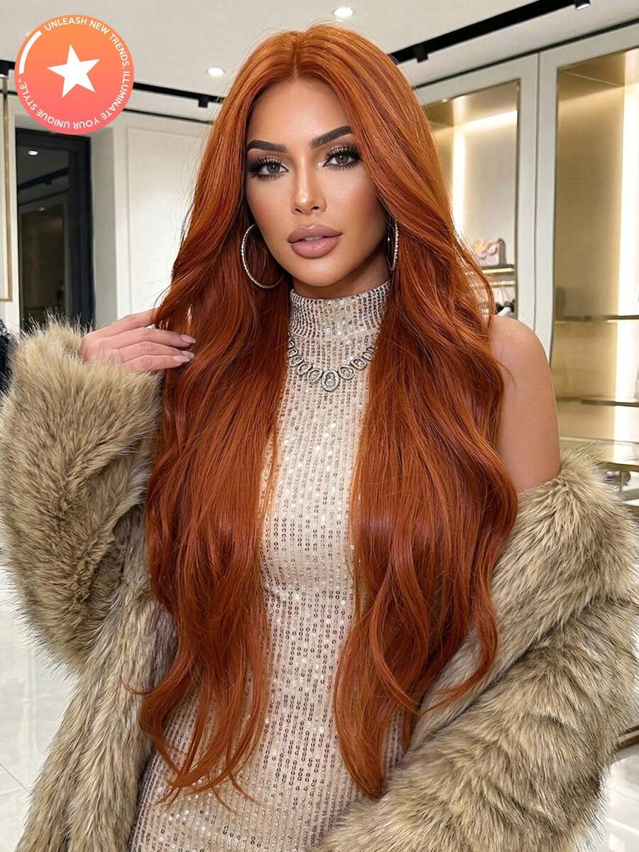 5-Star Rated 32in/81cm Long Wavy Dirty Orange Hairless Wig - Women's Heat Resistant Synthetic Wig, Natural Looking, Suitable For Cosplay, Colored Synthetic Wigs, High Temperature Wigs, Ideal For Women's Daily Fashion Styling, Also Suitable For Halloween And Christmas Occasions. - 臟橘色 - 查看 1