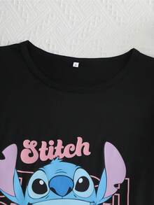 Disney 迪士尼授權 Stitch 女款兩件式睡衣套裝，黑色可愛卡通 Stitch 印花，圓領短袖上衣與長褲，舒適針織面料居家休閒套裝，可愛優雅休閒風 - 黑色 - 查看 3