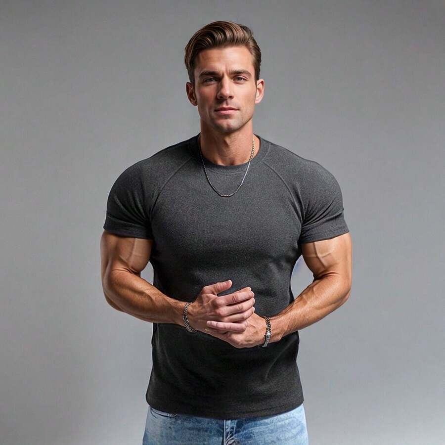 Gym Men's Muscle Slim Fit T Shirt Streetwear Solid Colors High Neck - màu đen - Xem 1