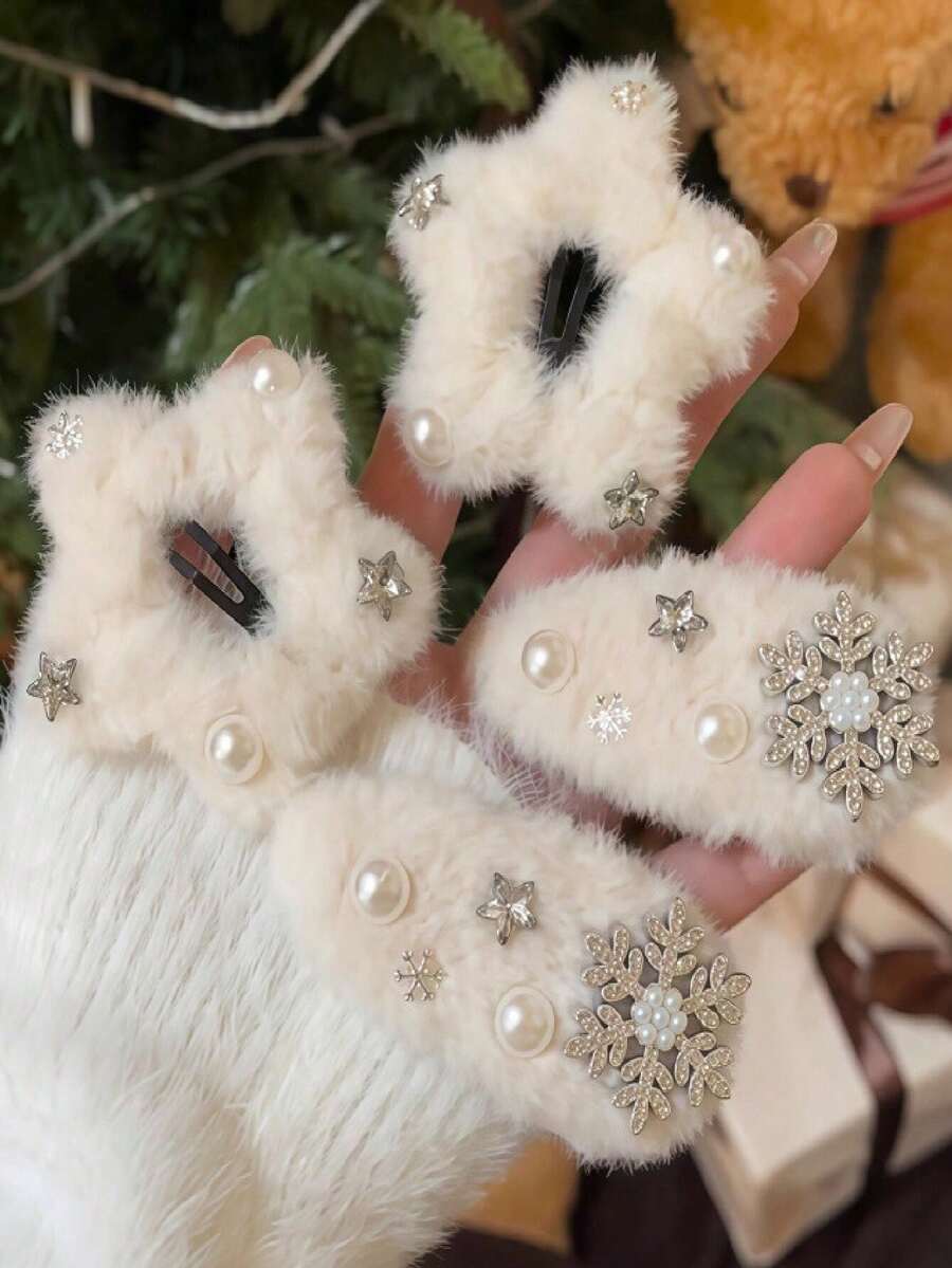 New Autumn/Winter Plush Snowflake & Star Hair Clips, Sweet Cute Korean Style Bangs Clips, Fuzzy Small Hair Clips, Holiday Atmosphere - Multicolor - View 1