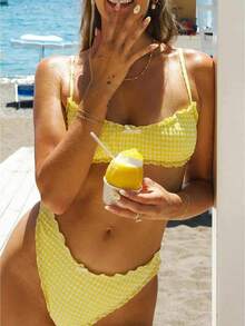 Womens Gingham Ruffle Swimsuit, Textured Waffle-Knit One Piece Swimwear, Retro Style Pool And Beach Holiday Bathing Suit - Yellow - View 1