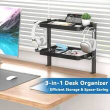 Clamp On Desk Organizer - Adjustable 2 - Tier Above Or Under Desk Shelves With Large Capacity Tray, Phone Tablet Holder, Headphone Hook - No Drilling Desktop Storage Office Home Accessories - 最初的 - 查看 3