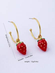 1 Pair Minimalist Design Sweet Ins Style Big C-Shaped Strawberry Pendant Earrings, High Quality Elegant & Cute, Suitable For Women Daily Wear, Valentine's Day Gift - Red - View 2