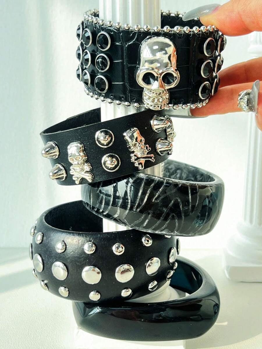 1 chiếc vòng tay nhựa phong cách Punk đen trắng tương phản, thiết kế đinh tán nhiều chi tiết với họa tiết ngôi sao, trang sức tròn bất đối xứng, quà tặng thời trang cho phụ nữ, phù hợp để đeo hàng ngày. - Nhiều màu D - Xem 1