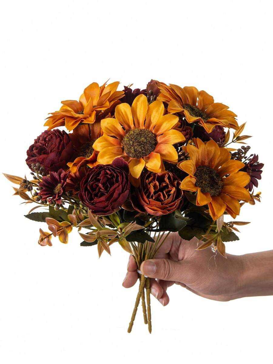 1PC 12.2inch Artificial Sunflower Peony Mixed Flowers Bridal Holding Bouquet Wedding Decoration DIY Wreath Materials Birthday Party Party Party Decoration Materials Home Dining Living Room Vase Outdoor Garden New Year's Gift, Rama Decoration,Valentine's Day Gift - Orange-red - View 1