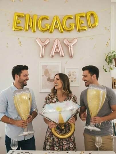 13pcs/Set Single Party Decoration Balloon Set, 16" "ENGAGED YAY" Letter Foil Balloon Banner, Giant Champagne/Beer/Wine Glass Foil Balloons, Giant Gold Diamond Ring Foil Balloon, Suitable For Valentine's Day Single Party Decorations
