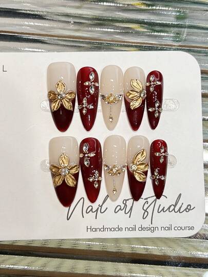 10pcs Handmade Nails Oval Almond Nails Acrylic Press On Nails Medium Long, Gentle Red Nails, French Tip Nails, Handpainted 3D Carved Flower Embossed Floral, Nail Gems Small Rhinestone Inlaid, New Year Present, Edgy Elegant Simple Spring Nails, Winter Fake Nails, Festival Nails, Party Daily & Dating Use Beach Tropical Getaway Suitable,DIY False Nail Art Suitable For Women & Girls As Gift Nail Supplies Handmade Press On Nails