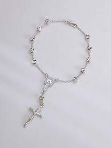 女士天主教念珠手链 | 银珠十字架手链，饰有瓜达卢佩圣母像、洗礼珠，圣诞礼物，镀银，铜质，镶嵌3A级锆石 - 銀色手鍊 - 查看 7