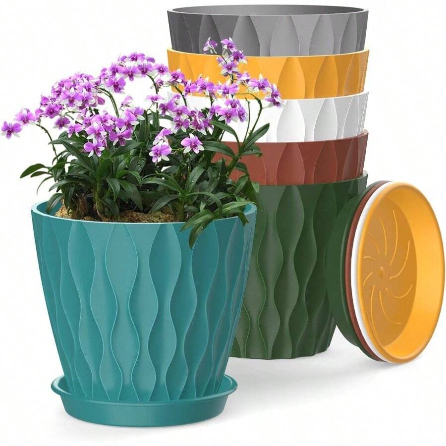 Inch Plant Pots 5 Pack, Flower Planters With Drainage Holes And Trays, Plastic Pots Indoor Outdoor Plants, White - 彩色 + 6英寸 - 查看 1