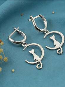 1对创意月亮小猫吊坠耳环，波西米亚风月亮造型，闪亮金属饰面，适合宴会、派对、斋月佩戴（无包装盒） - Earrings - 查看 2