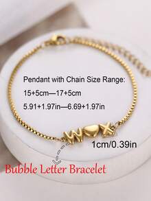 Customizable Name Bubble Letter Bracelet With Gift Box, Exquisite Personalized 3D Balloon Letter Heart Couple Bracelet, Stainless Steel Adjustable Square Bead Chain Simple Jewelry, Hip-Hop Style 3D Bubble 26 Uppercase Initial Cuban Link Bracelet - Gold-bubble Letters - View 2