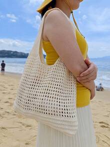 Back To School,Large Women's Handbags,Women Girls Knitted Shoulder Bags Retro Hollow Woven Large Capacity Floral Decor Shopper Handbags Crochet Bag Crochet Bags For Women Summer Beach Tote Bag - 米色 - 查看 6
