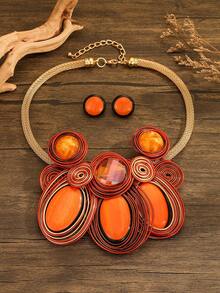 Exaggerated Multi-Layer Handmade Aluminum Wire Woven Resin Chain Bohemian European And American Middle Eastern European Korean Version Evening Party Holiday Women's Fashion Beautiful Retro Teardrop Necklace Earrings - Orange - View 7