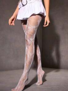 1 Pair Women's Floral Lace Tights/Stockings, Fishnet Stockings, High Waist Slimming Tight Fit, Plus Size, Suitable For Various Occasions For Dress, For Christmas Gift - Dây leo hoa trắng - Xem 3