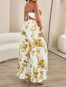 AIJ 2 piezas Conjunto de top de tirantes retorcido y pantalones anchos plisados de verano para mujer - Flores amarillas sobre fondo blanco - Ver 2