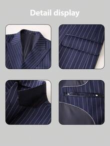 Men's Double Breasted Suit 2-Piece Set | Peak Lapel Pinstripe Business Suit | Slim Fit Blazer Jacket & Trousers For Wedding, Prom, Formal Events - 藍色 - 查看 5