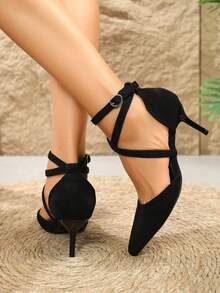 Black Pointed Toe Thin Heel Criss-Cross Strap Buckle Closure Women's High Heel Shoes, Minimalist Elegant Cute For Party, Versatile Casual Comfortable Hollow Out Pumps - Black - View 1