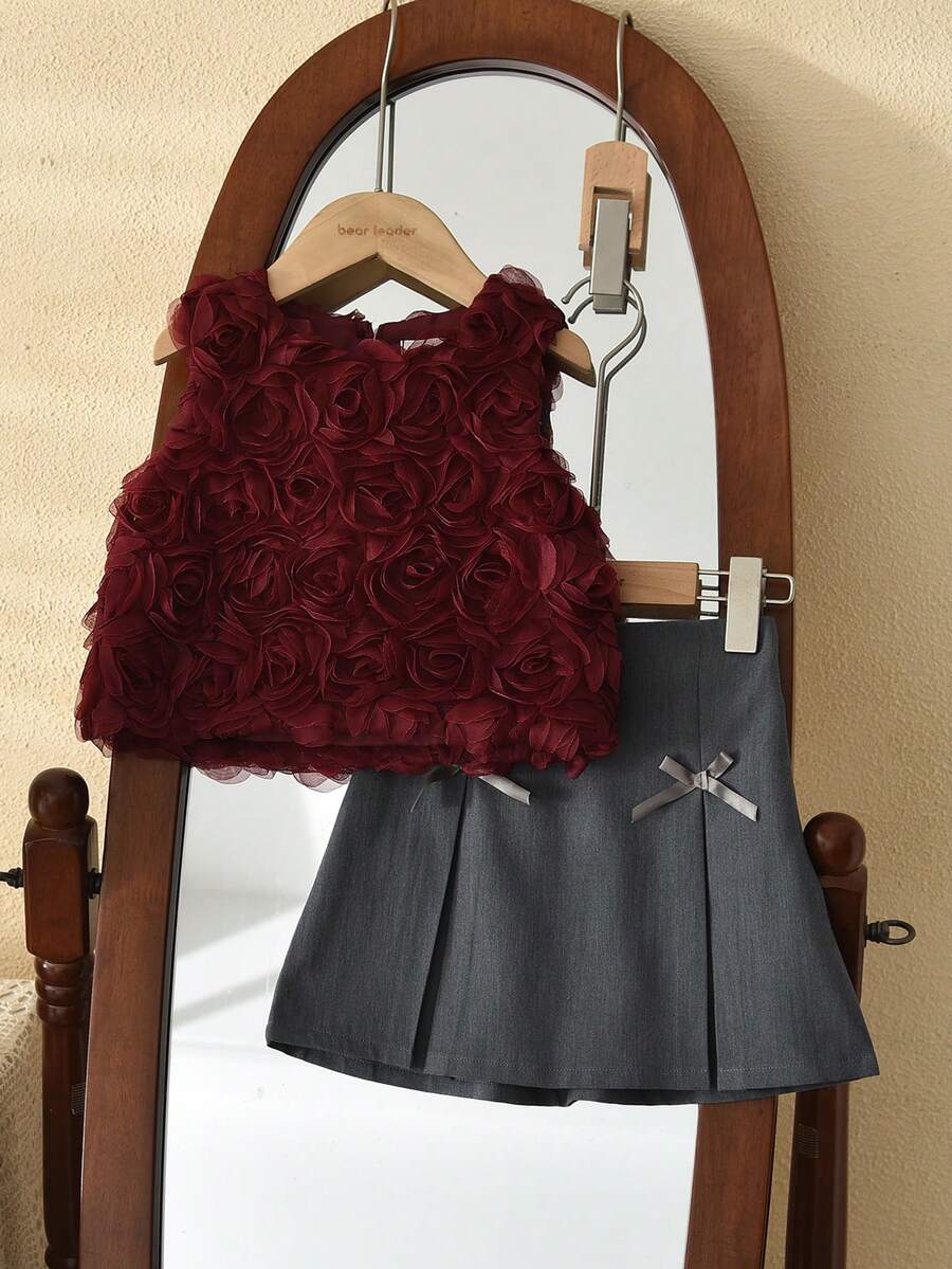 2pcs/Set Girls Cute 3D Floral Sleeveless Round Neck Top And Mini Skirt, Suitable For Summer - Burgundy - View 1