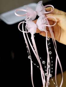 2pcs Mesh Butterfly Long Streamer Beaded Tassel Hair Clip, Bangs Side Clip, Princess Style, Suitable For Valentine's Day Decoration, Daily, Party, Valentine's Day Use (No Card, Handmade, Bowknot May Not Be Separated Due To Packaging Compression, Consistent With Displayed Effect) - Multicolor - View 7