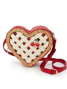 甜美心形斜挎包，女士可爱樱桃装饰红色单肩包，女孩趣味迷你手机包 - 紅色 - 查看 11